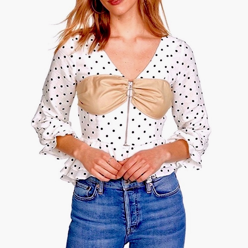 Anthropologie NWT N12H polka dot zip front mixed media ruffle hem top Size XS